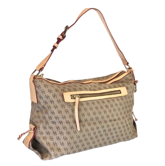 Dooney & Bourke Handbags - Dooney & Bourke Brown Jacquard Monogram Top Zipper Hobo Shoulder Bag Large